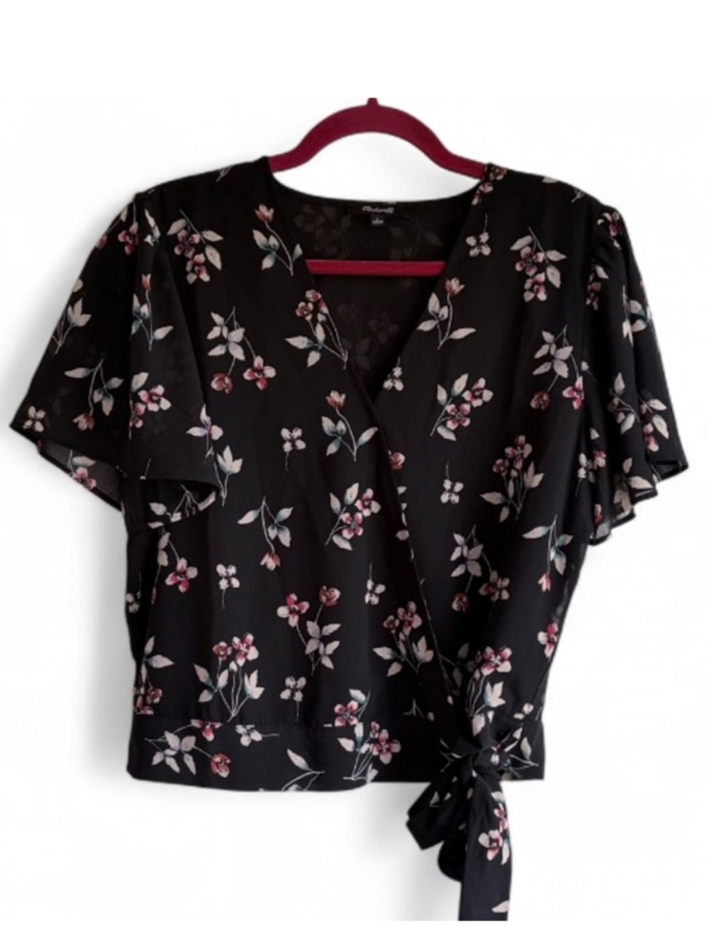 Madewell Black Floral Chiffon Wrap Tie Waist Shirt Size S